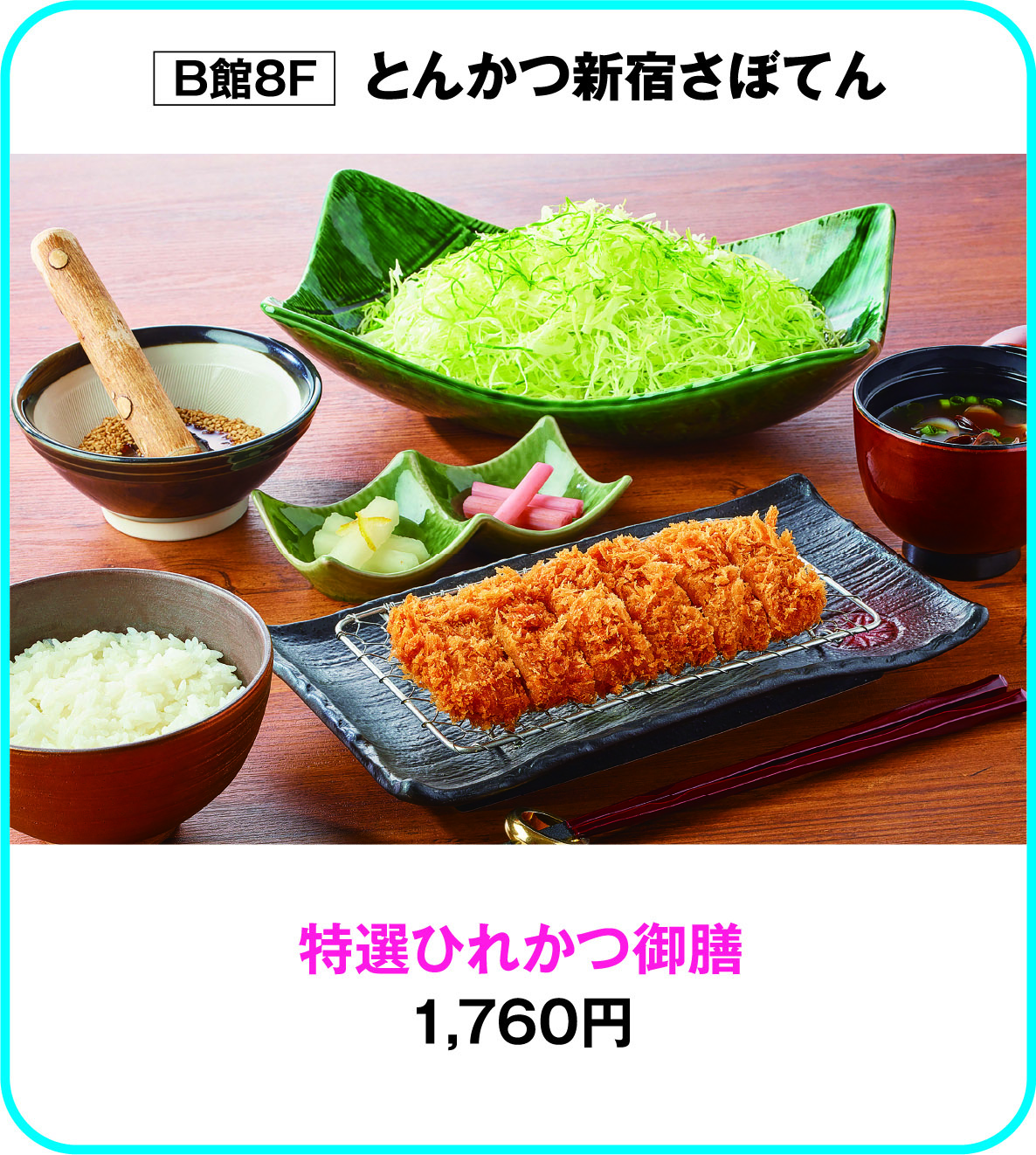 
B館8F　とんかつ新宿さぼてん
特選ひれかつ御膳
1,760円        
    